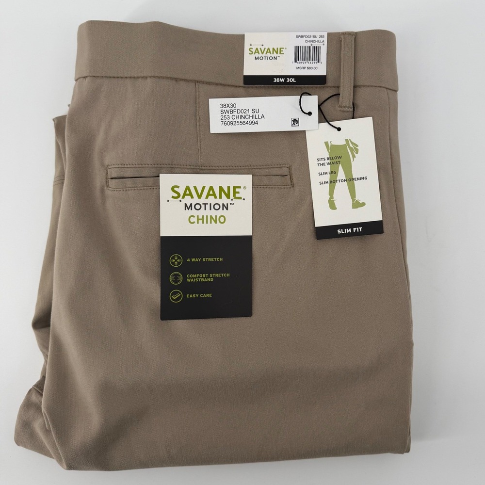 Savane Motion Chino Pants Men's 38x30 Khaki Slim Fit Stretch‎ Comfort New